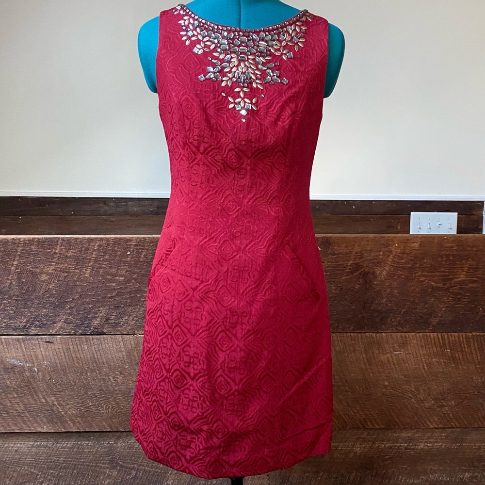Moulinette Soeurs Ruby Red Brocade Dress w Jeweled Neckline & Decadent Goth Vibe